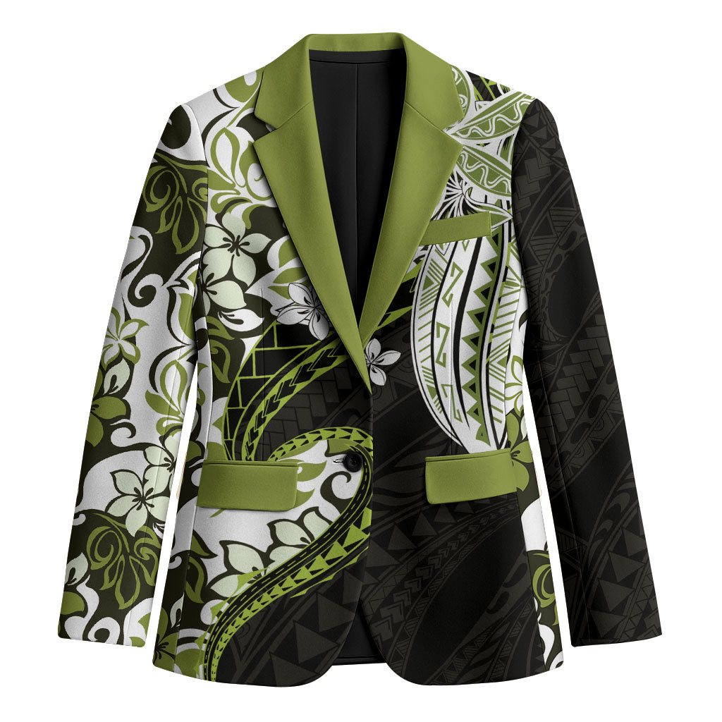 Monstera Plumeria Flowers Olive Green Blazer Polynesian Pattern