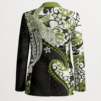 Monstera Plumeria Flowers Olive Green Blazer Polynesian Pattern