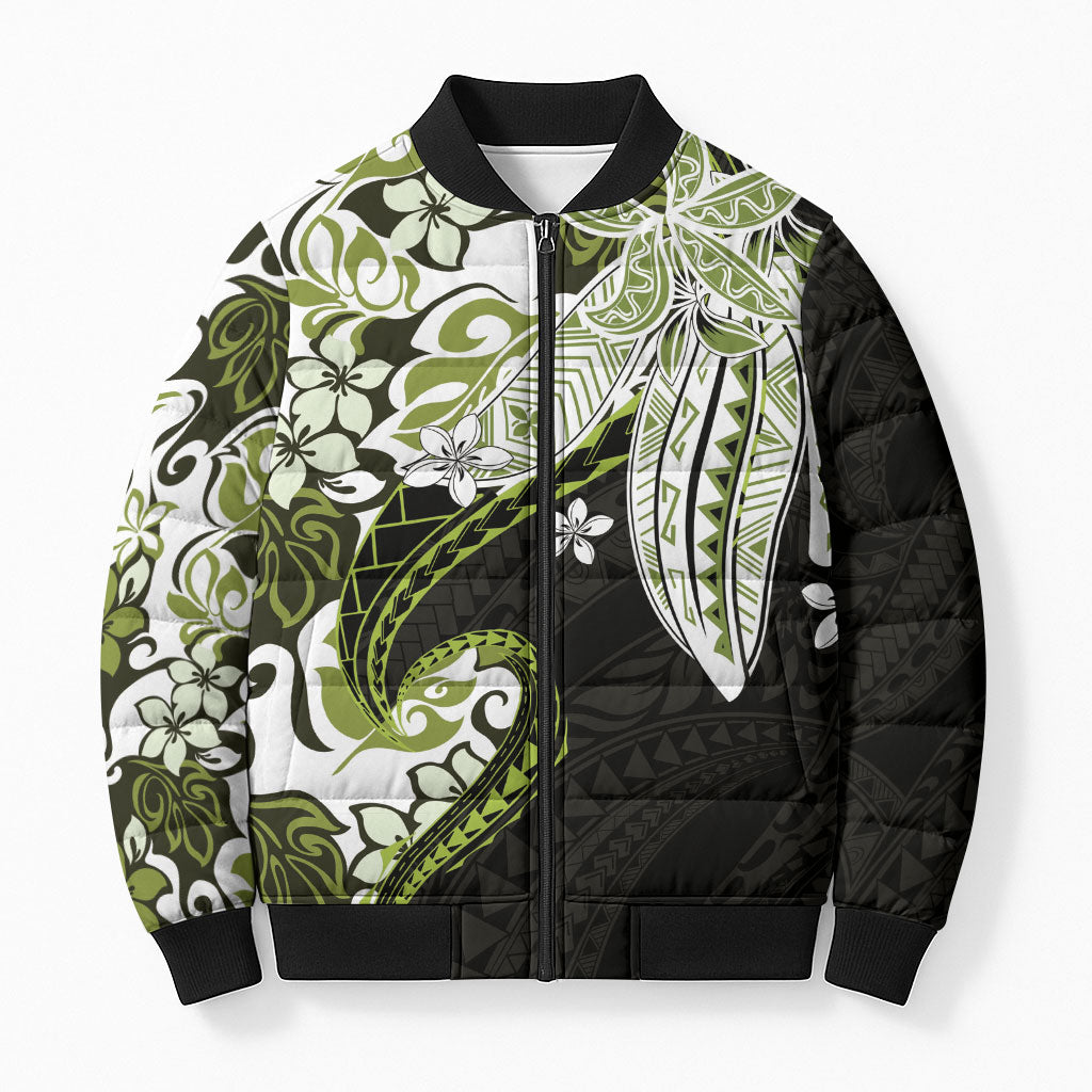 Monstera Plumeria Flowers Olive Green Bomber Puffer Jacket Polynesian Pattern LT01 Unisex Green - Polynesian Pride