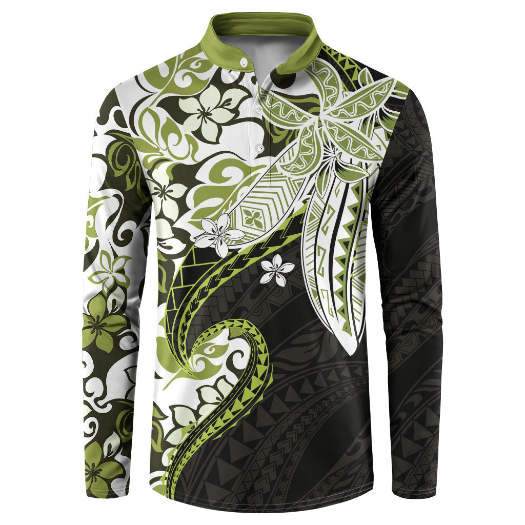Monstera Plumeria Flowers Olive Green Button Sweatshirt Polynesian Pattern