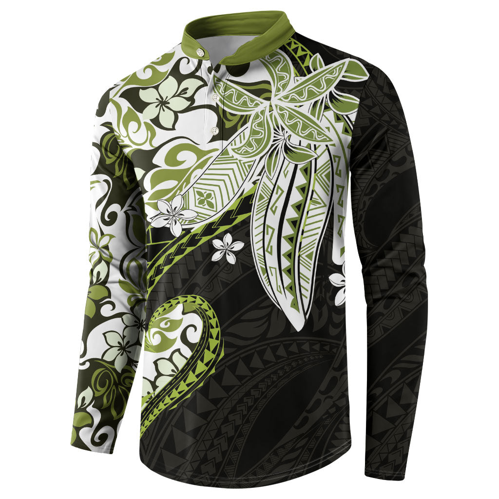 Monstera Plumeria Flowers Olive Green Button Sweatshirt Polynesian Pattern