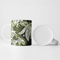 Monstera Plumeria Flowers Olive Green Ceramic Mug Polynesian Pattern