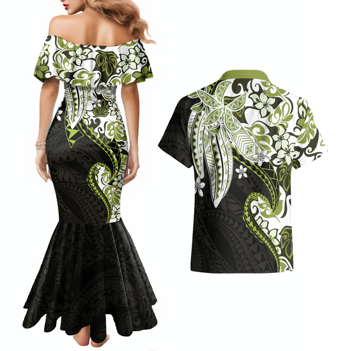 Monstera Plumeria Flowers Olive Green Couples Matching Mermaid Dress and Hawaiian Shirt Polynesian Pattern LT01 - Polynesian Pride