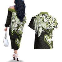 Monstera Plumeria Flowers Olive Green Couples Matching Off The Shoulder Long Sleeve Dress and Hawaiian Shirt Polynesian Pattern LT01 - Polynesian Pride