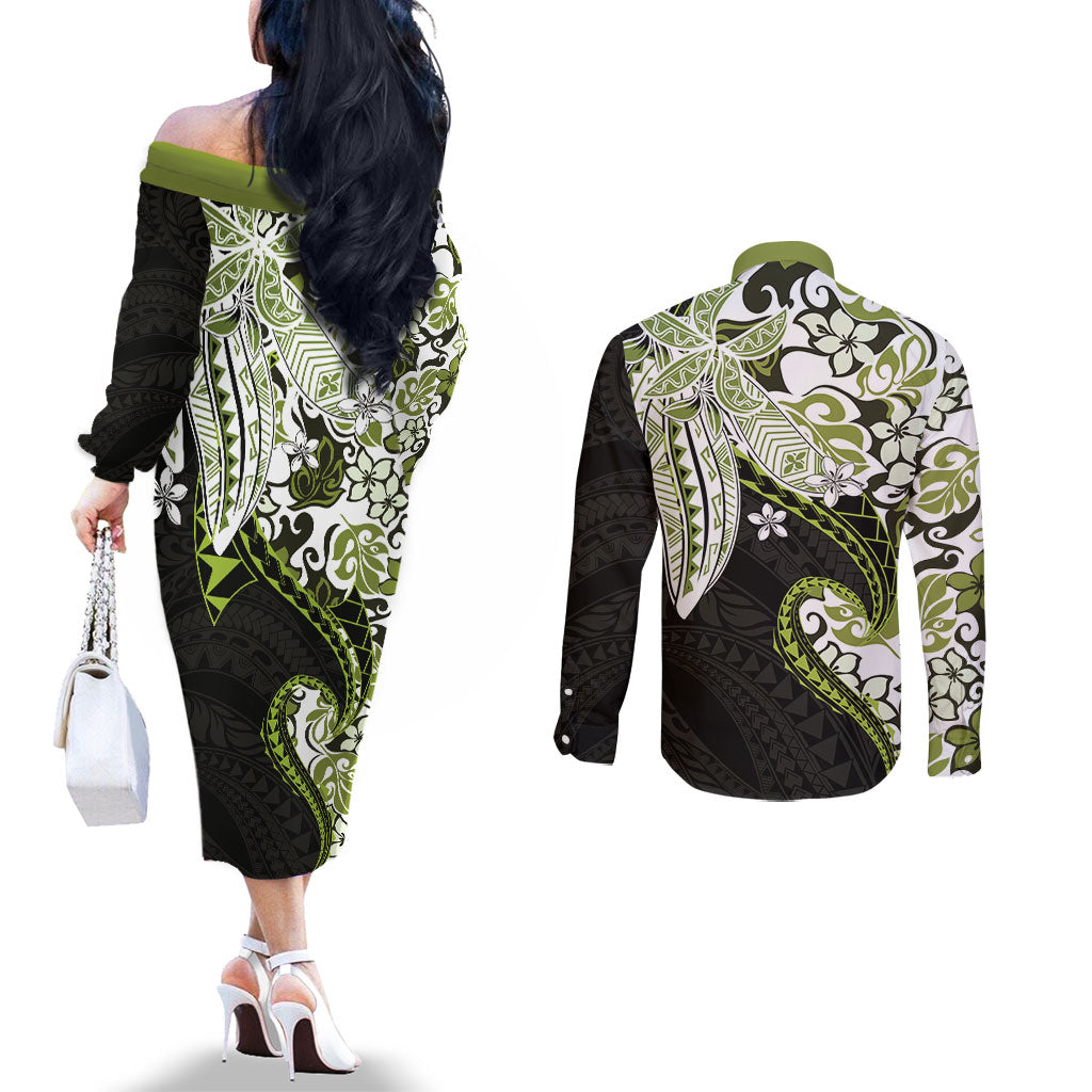 Monstera Plumeria Flowers Olive Green Couples Matching Off The Shoulder Long Sleeve Dress and Long Sleeve Button Shirt Polynesian Pattern LT01 - Polynesian Pride