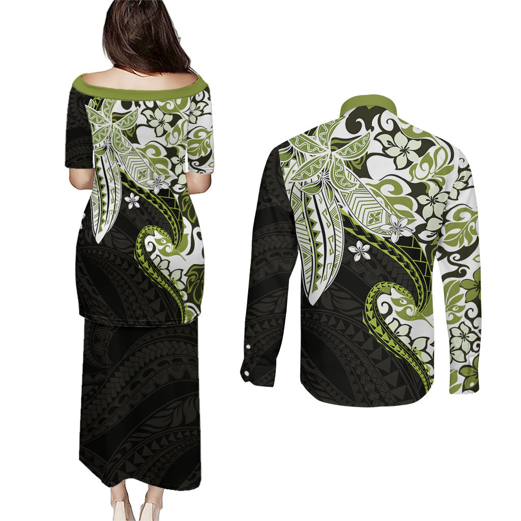 Monstera Plumeria Flowers Olive Green Couples Matching Puletasi and Long Sleeve Button Shirt Polynesian Pattern