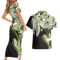 Monstera Plumeria Flowers Olive Green Couples Matching Short Sleeve Bodycon Dress and Hawaiian Shirt Polynesian Pattern LT01 - Polynesian Pride