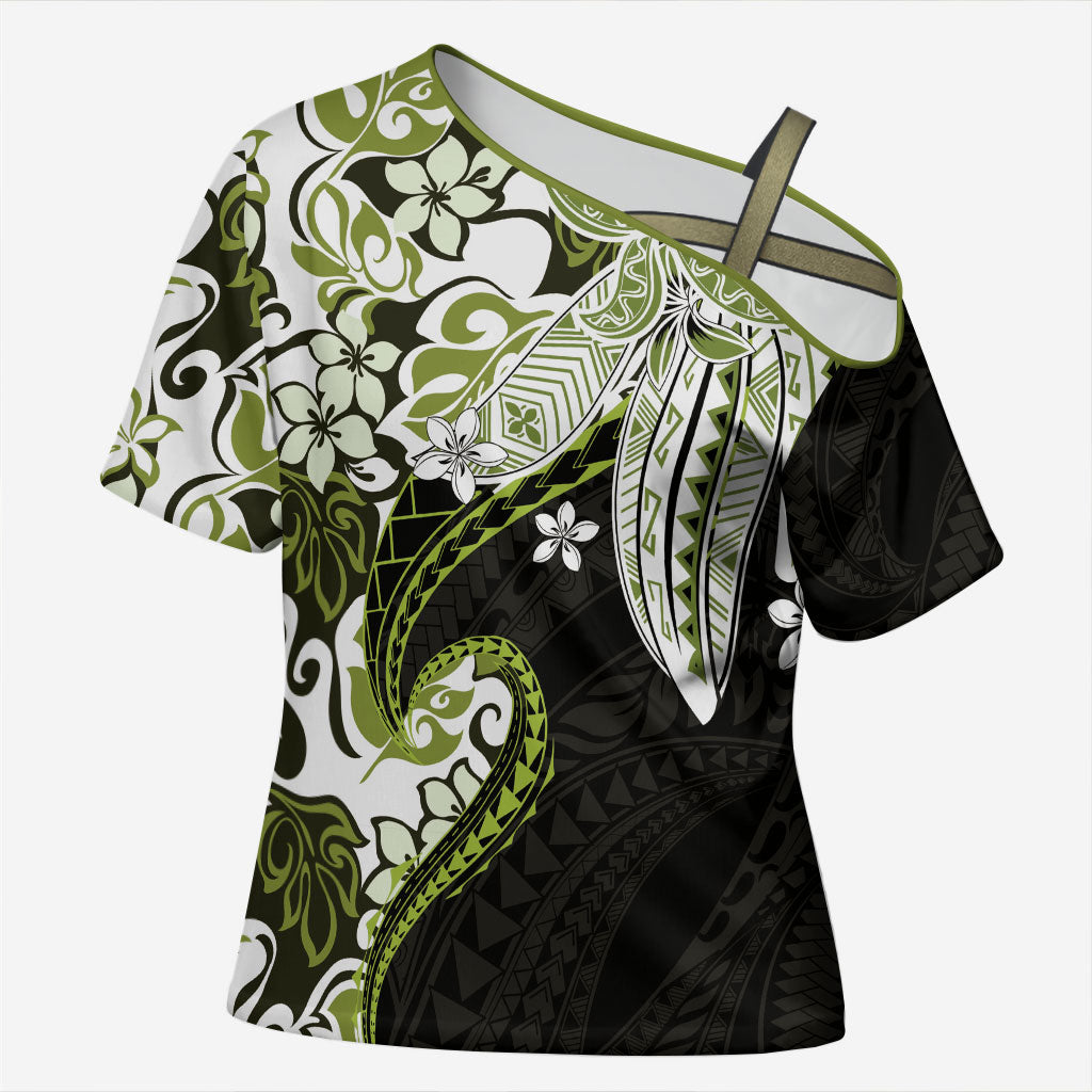 Monstera Plumeria Flowers Olive Green Cross Shoulder Shirt Polynesian Pattern