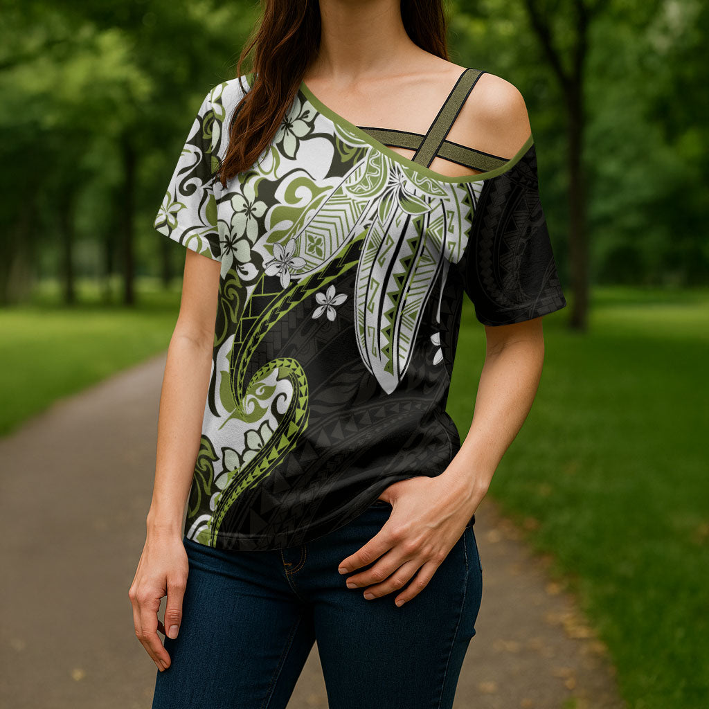 Monstera Plumeria Flowers Olive Green Cross Shoulder Shirt Polynesian Pattern