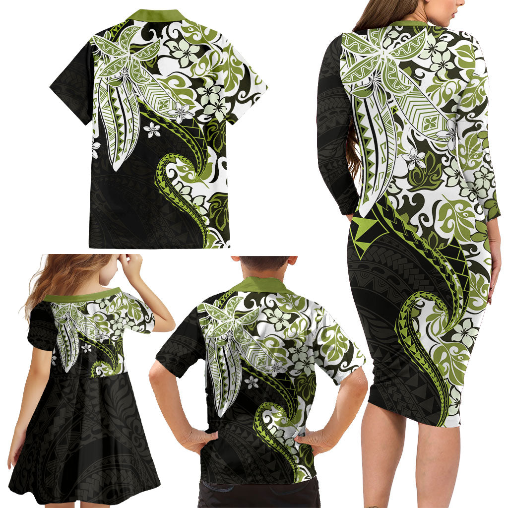 Monstera Plumeria Flowers Olive Green Family Matching Long Sleeve Bodycon Dress and Hawaiian Shirt Polynesian Pattern LT01 - Polynesian Pride