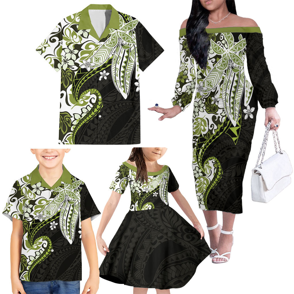 Monstera Plumeria Flowers Olive Green Family Matching Off The Shoulder Long Sleeve Dress and Hawaiian Shirt Polynesian Pattern
