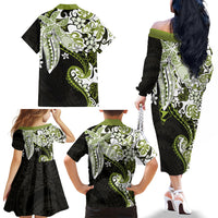 Monstera Plumeria Flowers Olive Green Family Matching Off The Shoulder Long Sleeve Dress and Hawaiian Shirt Polynesian Pattern LT01 - Polynesian Pride