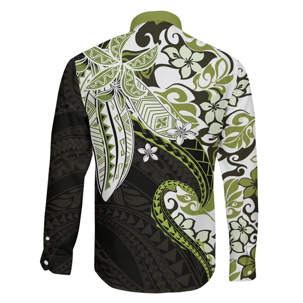 Monstera Plumeria Flowers Olive Green Family Matching Off The Shoulder Long Sleeve Dress and Hawaiian Shirt Polynesian Pattern LT01 - Polynesian Pride