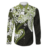 Monstera Plumeria Flowers Olive Green Family Matching Off Shoulder Maxi Dress and Hawaiian Shirt Polynesian Pattern LT01 Dad's Shirt - Long Sleeve Green - Polynesian Pride
