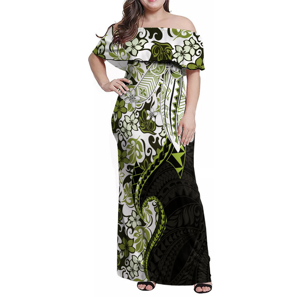 Monstera Plumeria Flowers Olive Green Family Matching Off Shoulder Maxi Dress and Hawaiian Shirt Polynesian Pattern LT01 Mom's Dress Green - Polynesian Pride