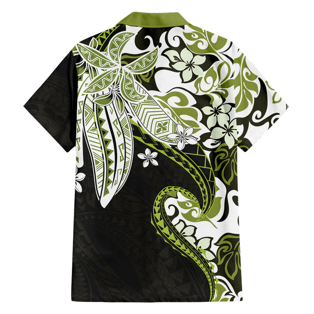 Monstera Plumeria Flowers Olive Green Family Matching Off Shoulder Short Dress and Hawaiian Shirt Polynesian Pattern LT01 - Polynesian Pride