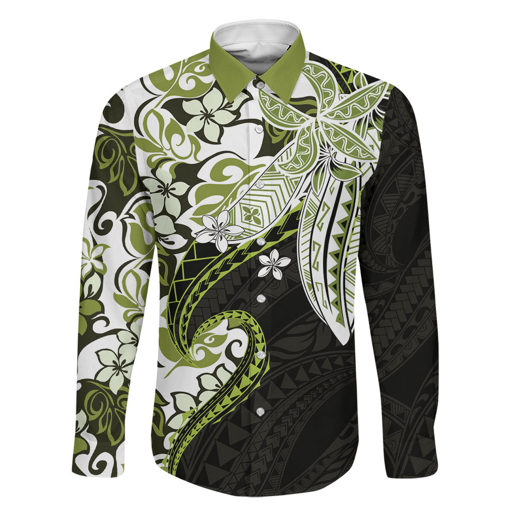 Monstera Plumeria Flowers Olive Green Family Matching Off Shoulder Short Dress and Hawaiian Shirt Polynesian Pattern LT01 Dad's Shirt - Long Sleeve Green - Polynesian Pride