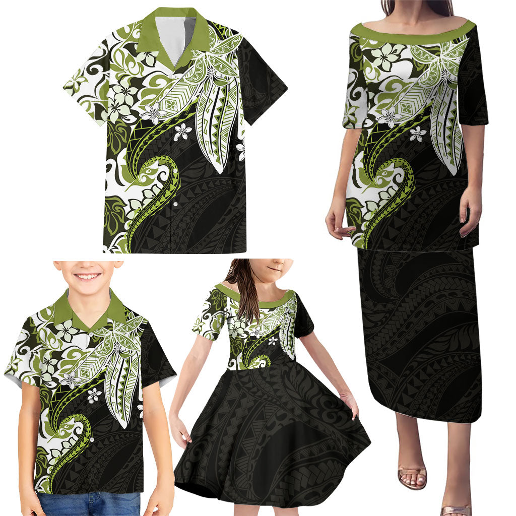 Monstera Plumeria Flowers Olive Green Family Matching Puletasi and Hawaiian Shirt Polynesian Pattern LT01 - Polynesian Pride