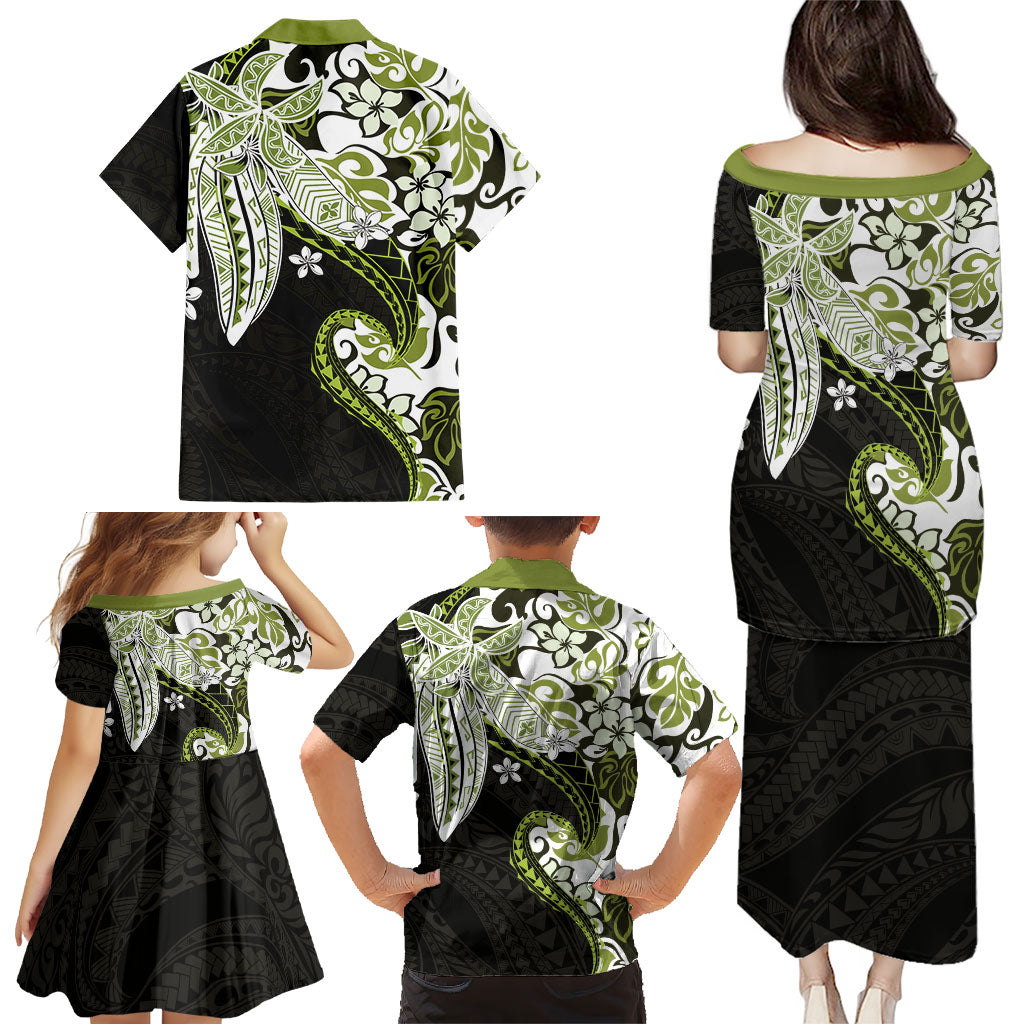 Monstera Plumeria Flowers Olive Green Family Matching Puletasi and Hawaiian Shirt Polynesian Pattern LT01 - Polynesian Pride