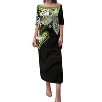 Monstera Plumeria Flowers Olive Green Family Matching Puletasi and Hawaiian Shirt Polynesian Pattern LT01 Mom's Dress Green - Polynesian Pride