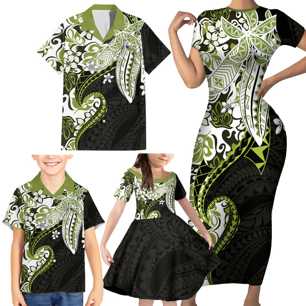 Monstera Plumeria Flowers Olive Green Family Matching Short Sleeve Bodycon Dress and Hawaiian Shirt Polynesian Pattern LT01 - Polynesian Pride