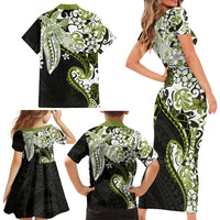Monstera Plumeria Flowers Olive Green Family Matching Short Sleeve Bodycon Dress and Hawaiian Shirt Polynesian Pattern LT01 - Polynesian Pride