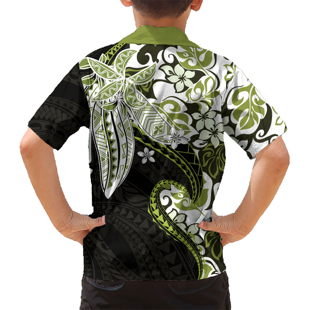 Monstera Plumeria Flowers Olive Green Family Matching Summer Maxi Dress and Hawaiian Shirt Polynesian Pattern LT01 - Polynesian Pride
