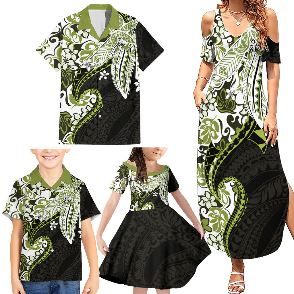 Monstera Plumeria Flowers Olive Green Family Matching Summer Maxi Dress and Hawaiian Shirt Polynesian Pattern LT01 - Polynesian Pride
