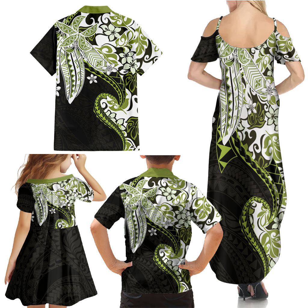 Monstera Plumeria Flowers Olive Green Family Matching Summer Maxi Dress and Hawaiian Shirt Polynesian Pattern LT01 - Polynesian Pride