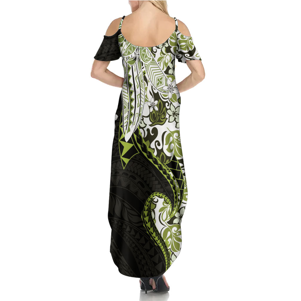 Monstera Plumeria Flowers Olive Green Family Matching Summer Maxi Dress and Hawaiian Shirt Polynesian Pattern LT01 - Polynesian Pride