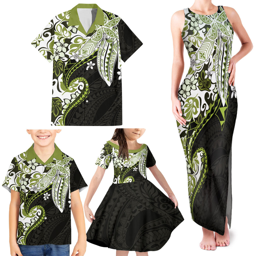 Monstera Plumeria Flowers Olive Green Family Matching Tank Maxi Dress and Hawaiian Shirt Polynesian Pattern LT01 - Polynesian Pride