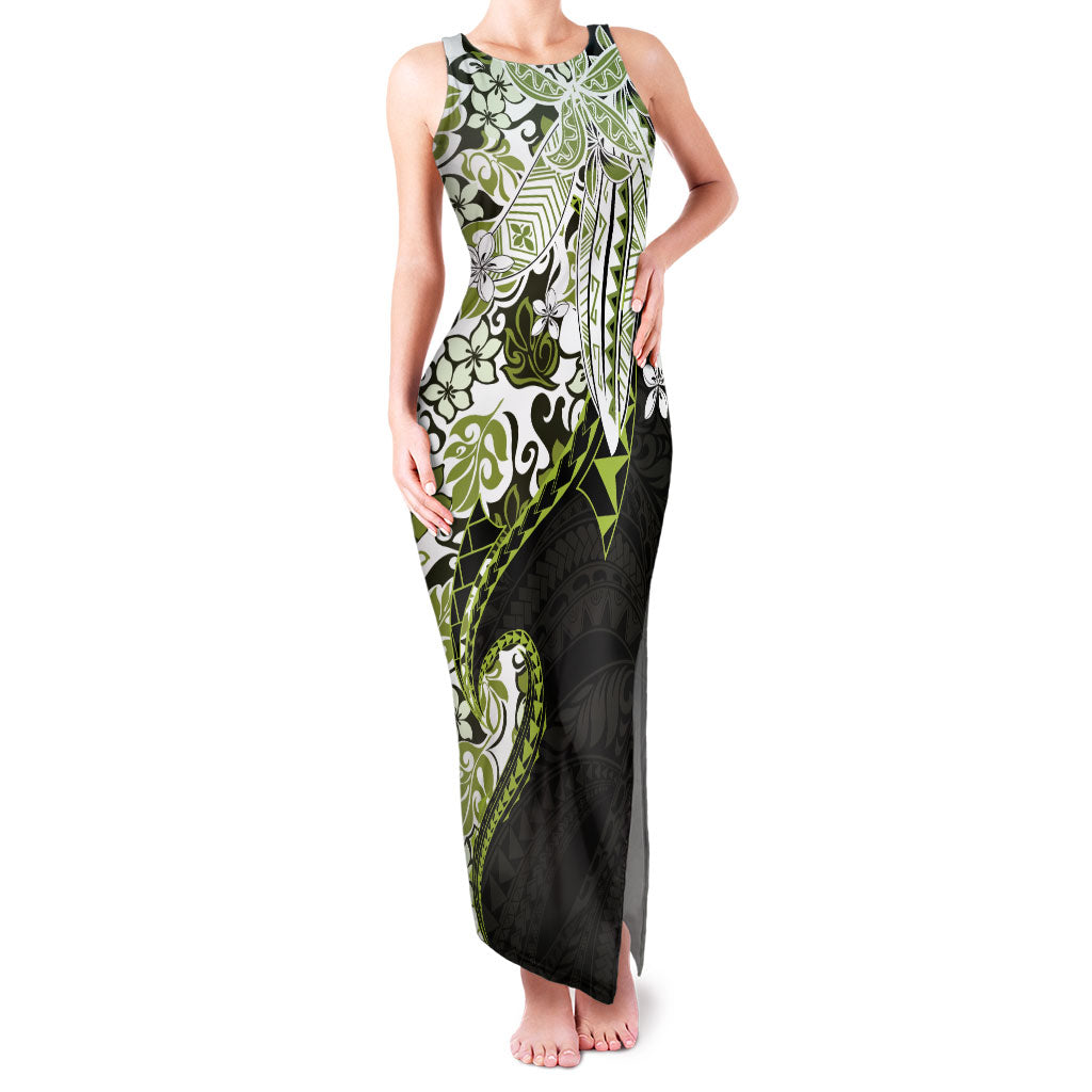 Monstera Plumeria Flowers Olive Green Family Matching Tank Maxi Dress and Hawaiian Shirt Polynesian Pattern LT01 Mom's Dress Green - Polynesian Pride