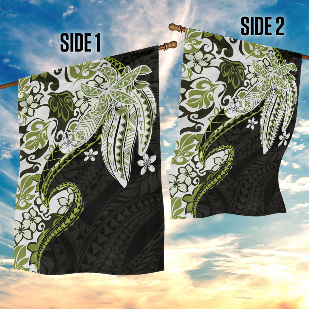 Monstera Plumeria Flowers Olive Green Garden Flag Polynesian Pattern