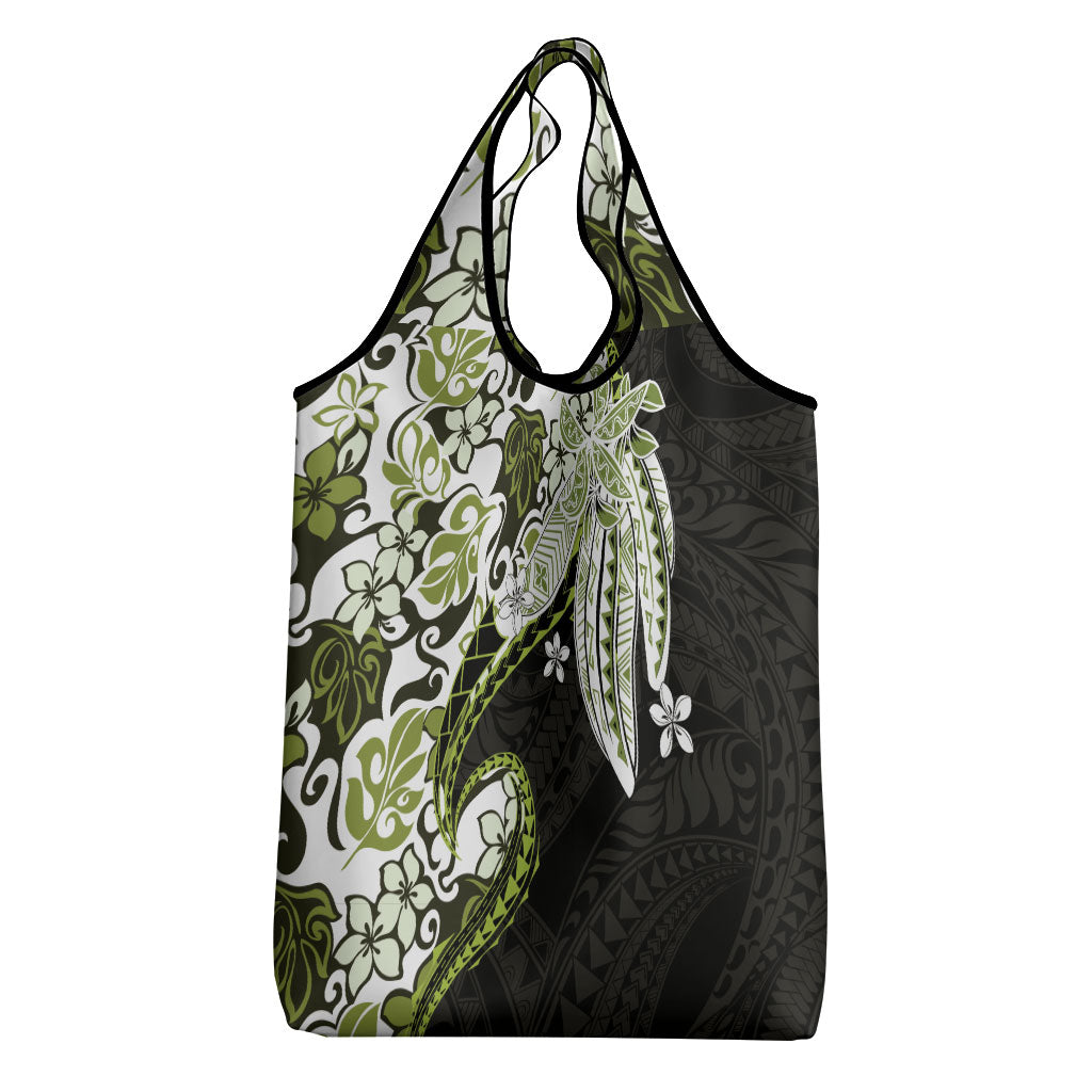 Monstera Plumeria Flowers Olive Green Grocery Bag Polynesian Pattern