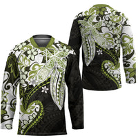 Monstera Plumeria Flowers Olive Green Hockey Jersey Polynesian Pattern