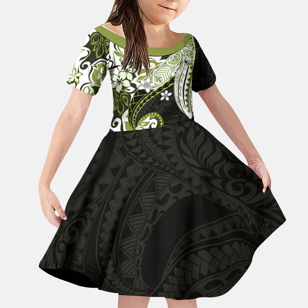 Monstera Plumeria Flowers Olive Green Kid Short Sleeve Dress Polynesian Pattern