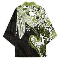 Monstera Plumeria Flowers Olive Green Kimono Polynesian Pattern