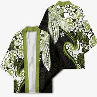 Monstera Plumeria Flowers Olive Green Kimono Polynesian Pattern