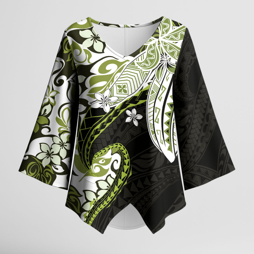 Monstera Plumeria Flowers Olive Green Kimono Sleeve Blouse Polynesian Pattern LT01 Female Green - Polynesian Pride