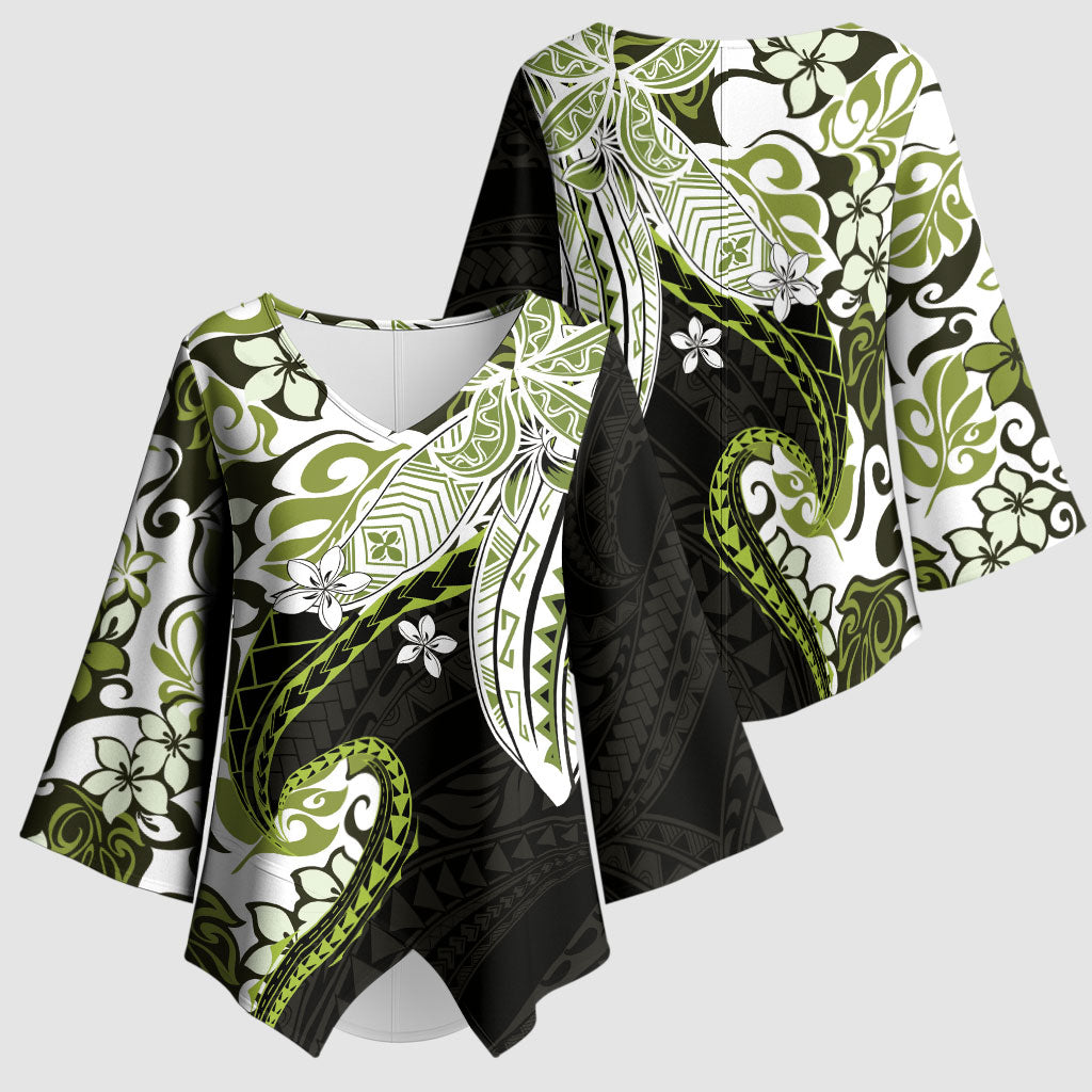 Monstera Plumeria Flowers Olive Green Kimono Sleeve Blouse Polynesian Pattern LT01 - Polynesian Pride
