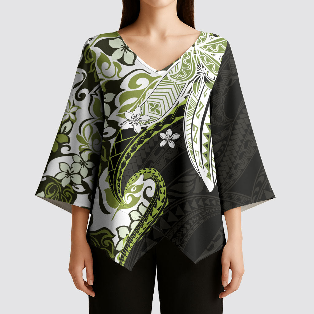 Monstera Plumeria Flowers Olive Green Kimono Sleeve Blouse Polynesian Pattern LT01 - Polynesian Pride