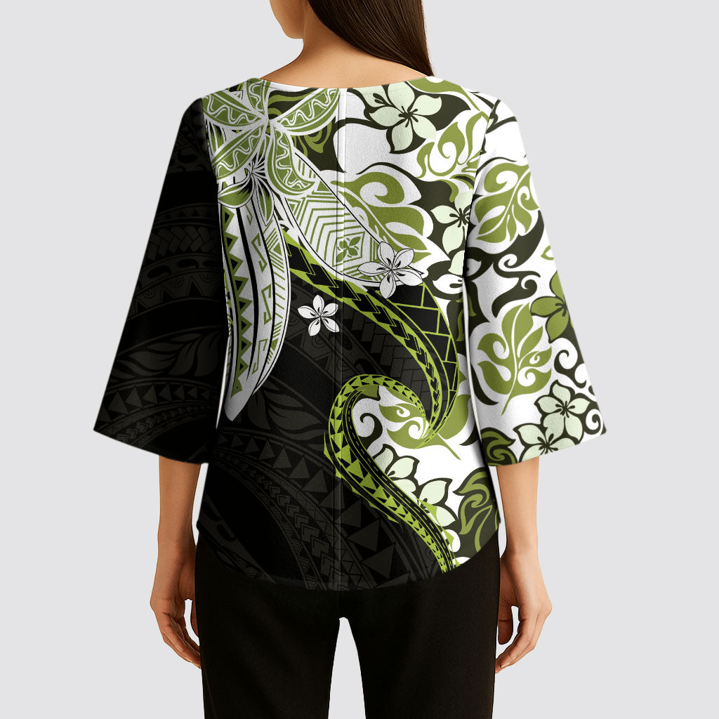 Monstera Plumeria Flowers Olive Green Kimono Sleeve Blouse Polynesian Pattern LT01 - Polynesian Pride
