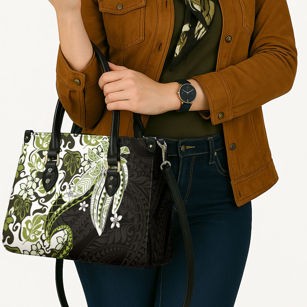 Monstera Plumeria Flowers Olive Green Leather Bag Polynesian Pattern