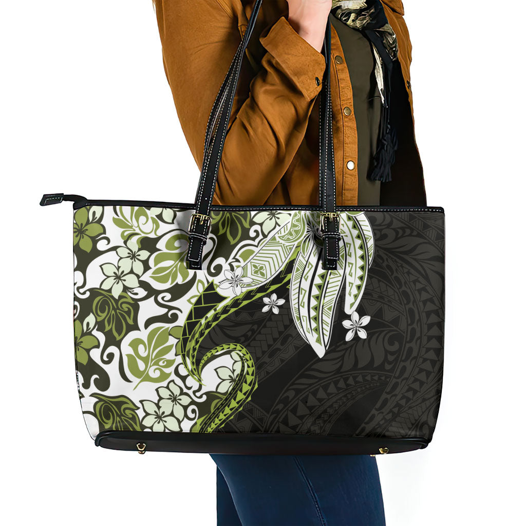 Monstera Plumeria Flowers Olive Green Leather Tote Bag Polynesian Pattern