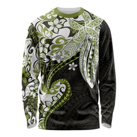Monstera Plumeria Flowers Olive Green Long Sleeve Shirt Polynesian Pattern