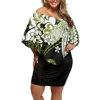 Monstera Plumeria Flowers Olive Green Off Shoulder Short Dress Polynesian Pattern LT01 Women Green - Polynesian Pride