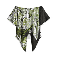 Monstera Plumeria Flowers Olive Green Off Shoulder Wrap Waist Top Polynesian Pattern LT01 Green - Polynesian Pride