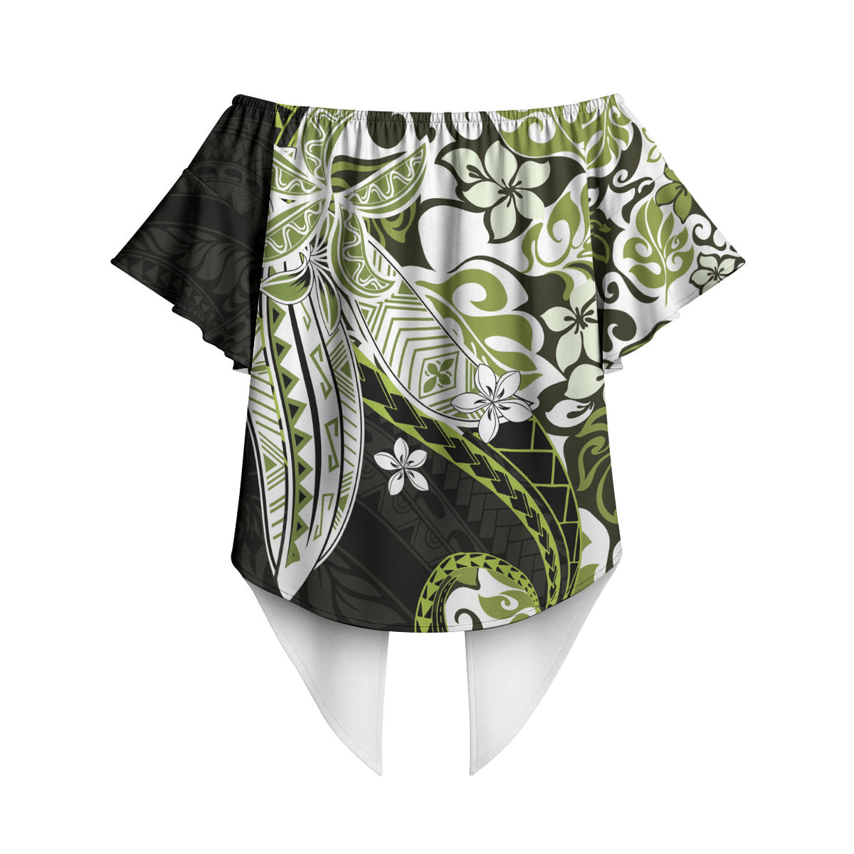 Monstera Plumeria Flowers Olive Green Off Shoulder Wrap Waist Top Polynesian Pattern LT01 - Polynesian Pride
