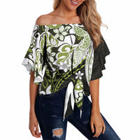 Monstera Plumeria Flowers Olive Green Off Shoulder Wrap Waist Top Polynesian Pattern LT01 - Polynesian Pride