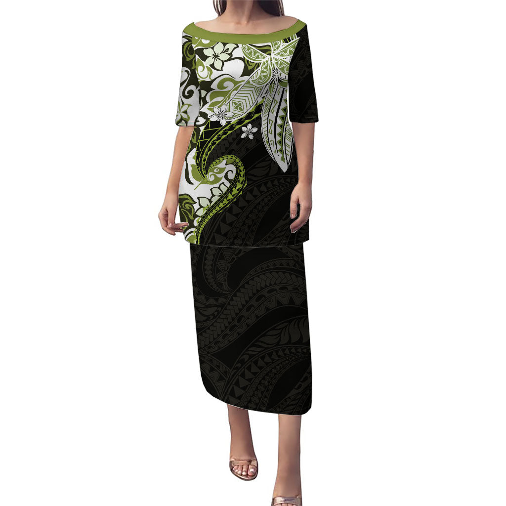Monstera Plumeria Flowers Olive Green Puletasi Polynesian Pattern